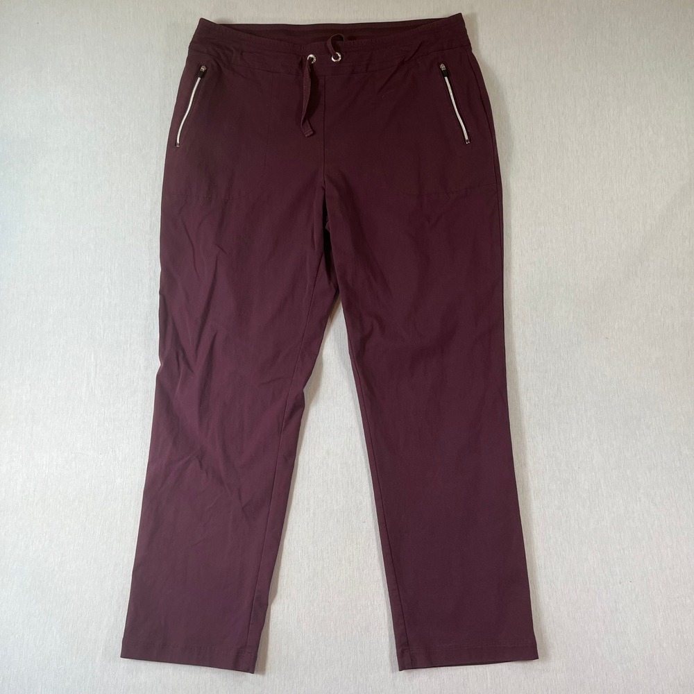 Chicos Weekends Pants 2 Plum Straight Leg Drawstring Zipper Pockets Stretch